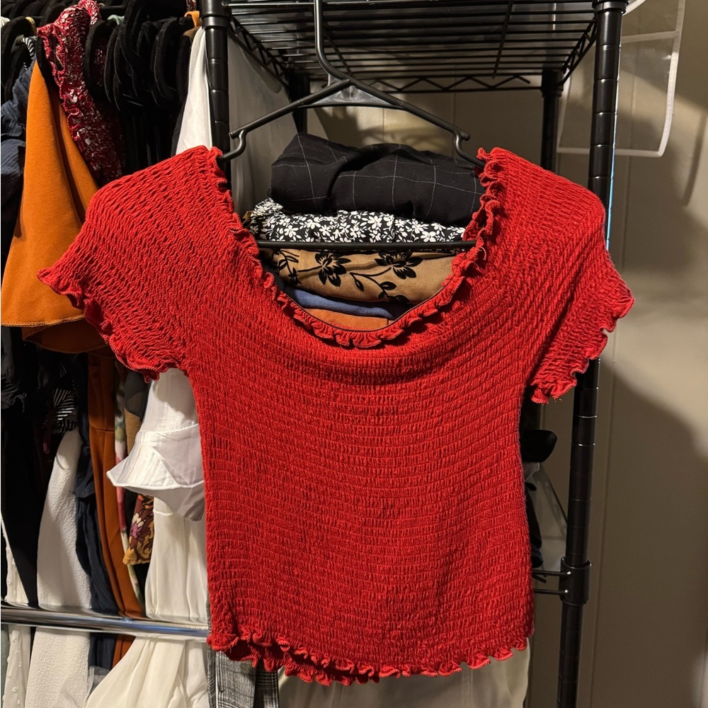Red Smocked Off the Shoulder top